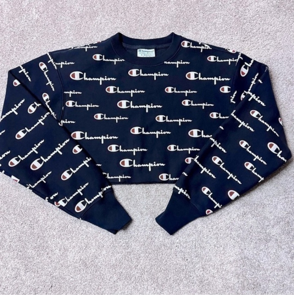 Champion Vintage Reverse Weave Cropped Sweatshirt XS Script Logo Navy Blue Y2K